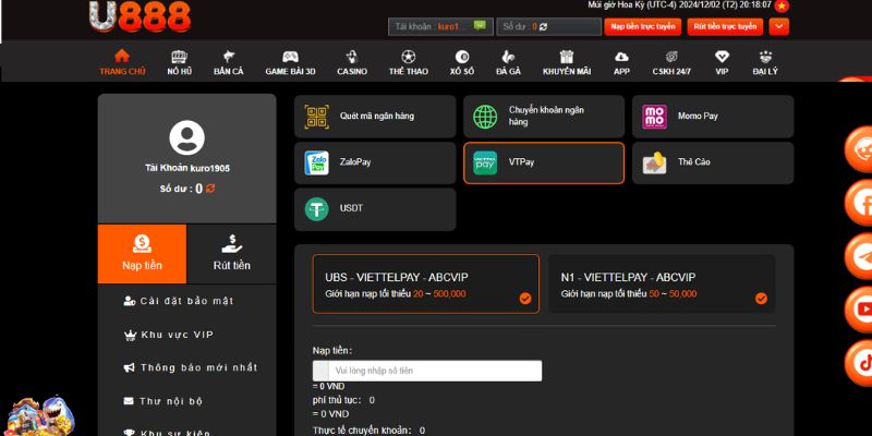 Nạp tiền U888 qua ví điện tử